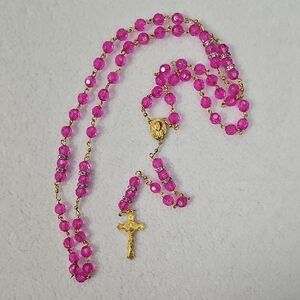 Gold-Plated Cross Rosary Necklace with Hot Pink Beads